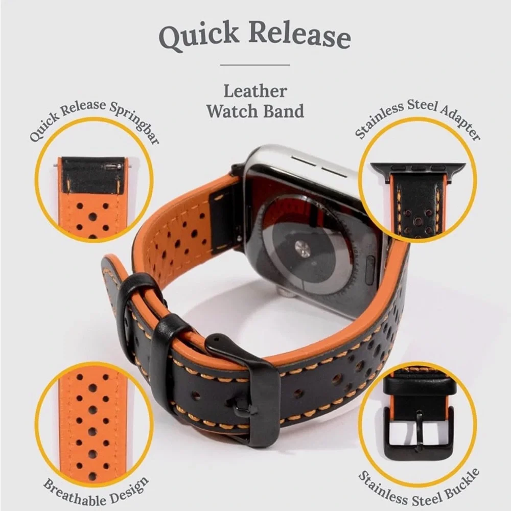 Apple Watch Authentic Leather Orange Black Reversible Watch Strap for iWatch